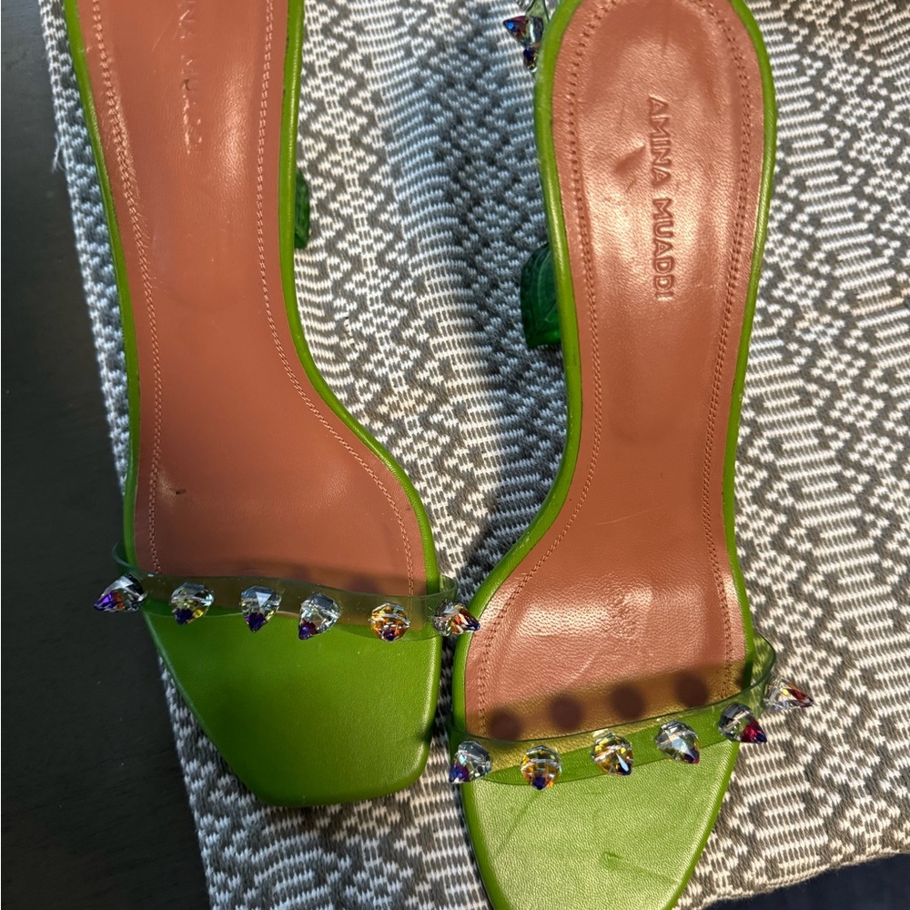 Amina Muaddi Green Crystal Embellished Heels